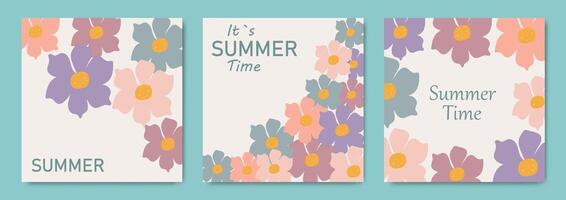 Set of summer posters template with text. Promotional content. Trendy colorful abstract vector design background for poster, invitation and cover with tropical flowers.