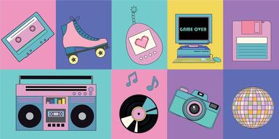 Collection of 90s elements old pc, phone, audio player, cassette, CD, floppy disk, roller skate. Geometric poster in pop art style. Retro set of 80s 90s elements. vector