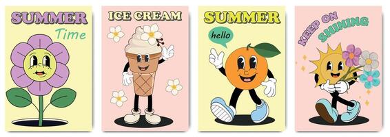 Set of summer greeting cards, posters or backgrounds in funky groovy style. Cartoon summer 60s, 70s vector illustrations with Ice cream, Orange, Daisy, The sun character. Retro hippie design