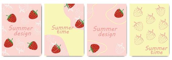 Collection of colorful retro cards on the summer berry strawberry. Line Art Design with Summer red berry. Templates for celebration, ads, branding, banner, cover, label, poster vector