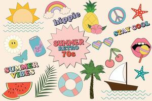 Retro 70s summer hippie stickers. Hippie stickers, psychedelic groovy elements. Cartoon funky marine sea, palm vacation rainbow, vintage hippy style element vector