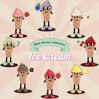 A set of ice creams in a cone with popular flavors. Mascot character illustration of ice cream. Funny dessert mascot in retro style for caffe. Nostalgia 70s, 80s. Set of vintage cartoon Ice cream. vector