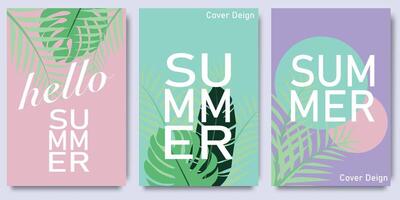 Hello Summer posters or covers with abstract tropical leaves and modern typography. Design templates for branding, advertising, promo events. Tropical Summer set posters vector