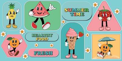 Collection of summer fruit stickers in groovy retro style. Funny psychedelic trendy retro elements flat vector symbols illustration set. Retro hippie badges collection