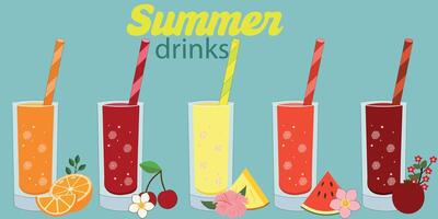 Set of summer drinks, cocktails with ice cubes and fruit. Beach or pool party, restaurant and bar elements. Bar menu design or advertising. vector