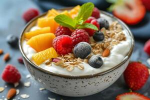 AI generated Vegan Yogurt Bowl with Fresh Fruits and Nuts photo