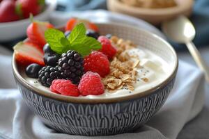 AI generated Vegan Yogurt Bowl with Fresh Fruits and Nuts photo