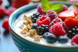 AI generated Vegan Yogurt Bowl with Fresh Fruits and Nuts photo