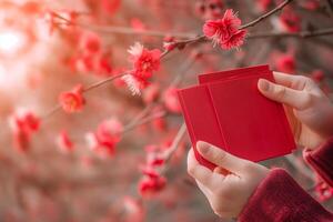 AI generated Chinese New Year Red Envelopes and Plum Blossoms photo