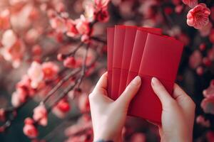 AI generated Chinese New Year Red Envelopes and Plum Blossoms photo