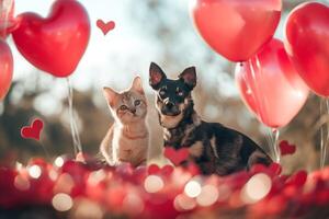 ai generado un gatito y perrito sentar lado por lado rodeado por rojo en forma de corazon globos, representando amistad y amor. foto