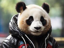 ai generado cerca arriba de un panda vistiendo un chaqueta y auricular foto