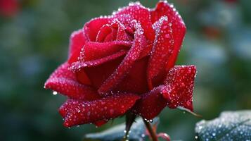 AI generated Beautiful close-up red rose delicately covered in morning dew, with copy space photo