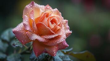 AI generated Beautiful close-up red rose delicately covered in morning dew, with copy space photo