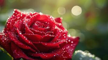 AI generated Beautiful close-up red rose delicately covered in morning dew, with copy space photo