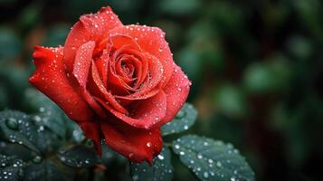 AI generated Beautiful close-up red rose delicately covered in morning dew, with copy space photo