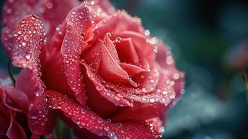 AI generated Beautiful close-up red rose delicately covered in morning dew, with copy space photo