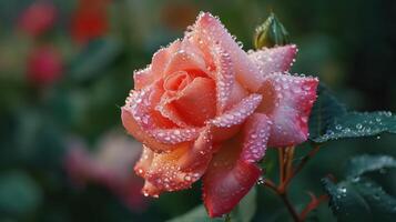 AI generated Beautiful close-up red rose delicately covered in morning dew, with copy space photo