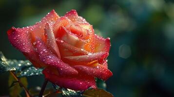 AI generated Beautiful close-up red rose delicately covered in morning dew, with copy space photo