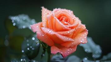 AI generated Beautiful close-up red rose delicately covered in morning dew, with copy space photo