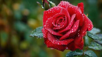 AI generated Beautiful close-up red rose delicately covered in morning dew, with copy space photo