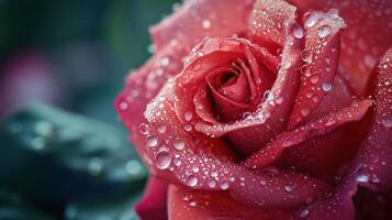 AI generated Beautiful close-up red rose delicately covered in morning dew, with copy space photo