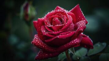 ai generado hermosa de cerca rojo Rosa delicadamente cubierto en Mañana Rocío, con Copiar espacio foto