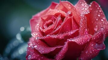 AI generated Beautiful close-up red rose delicately covered in morning dew, with copy space photo