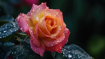 AI generated Beautiful close-up red rose delicately covered in morning dew, with copy space photo