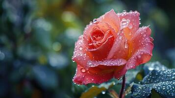 AI generated Beautiful close-up red rose delicately covered in morning dew, with copy space photo