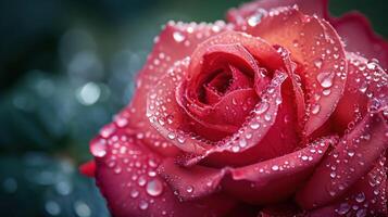 AI generated Beautiful close-up red rose delicately covered in morning dew, with copy space photo