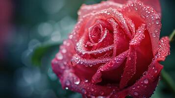 ai generado hermosa de cerca rojo Rosa delicadamente cubierto en Mañana Rocío, con Copiar espacio foto