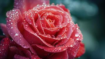 AI generated Beautiful close-up red rose delicately covered in morning dew, with copy space photo