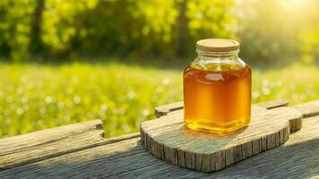 AI generated One jar of honey on  wooden table against nature background. photo