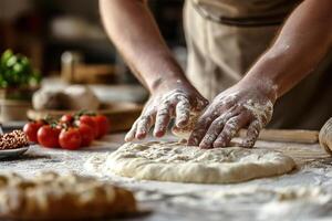 AI generated Bakery Chef's Hands Kneading Dough for Homemade Pizza and Pasta photo