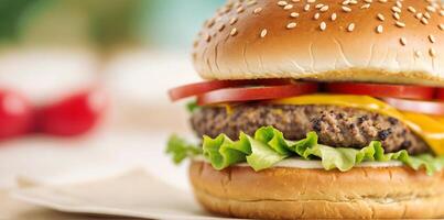 AI generated Close-up of burger on blurred bokeh background. Space for text. photo