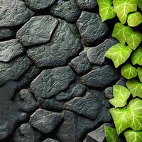 AI generated Seamless illustration of stone natural pattern as natural texture of masonry with leaves ivy of plant. Generative AI. photo