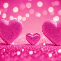 AI generated Pink glitter hearts closeup, pink sparkling background with bokeh lights. photo