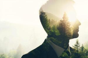 ai generado doble exposición, negocio hombre con naturaleza foto