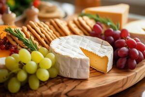 ai generado un variedad de vegano quesos, arreglado en un de madera queso junta, acompañado por uvas y galletas saladas, atractivo y gastrónomo foto