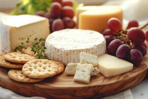 AI generated a variety of vegan cheeses, arranged on a wooden cheese board, accompanied by grapes and crackers, inviting and gourmet photo
