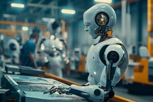 AI generated Futuristic Robotics in Modern Factories , AI Integration and Automation photo
