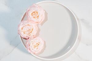 cerámico plato burlarse de arriba, redondo plato en un mármol antecedentes con Rosa flores, hormigón hogar decoración, modelo para producto colocación, o alimento. parte superior ver foto