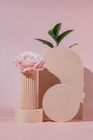 Empty beige podium composition and pink roses on pink background. Minimal cosmetic template. Round showcase for product marketing. Abstract display or stage. Spa and beauty concept. Still life. photo