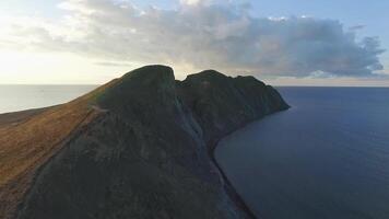 paesaggio di mare scogliere e il campo prospiciente il oceano a mykines, Faroe isole. sparo. aereo per il bellissimo campo principale giù per scogliere e mare. video