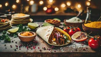 AI generated Copy Space image of Taco bar side border with an assortment of ingredients. Top view on a dark wood banner background photo