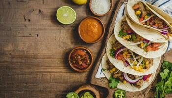 AI generated Copy Space image of Taco bar side border with an assortment of ingredients. Top view on a dark wood banner background photo