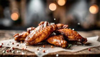 AI generated Copy Space image of Grilled chicken wings with sauces on a wooden board. Traditional baked bbq buffalo wing on bokeh background. photo