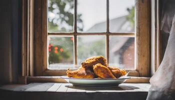 ai generado Copiar espacio imagen mediante el ventana de frito empanizado pollo oferta tiras foto