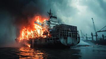 AI generated Cargo vessel explosion on sea near port . photo